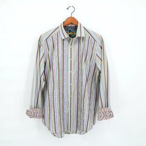 Robert Graham Ripple Textured Striped Floral Flip Cuff Shirt L *Flaw